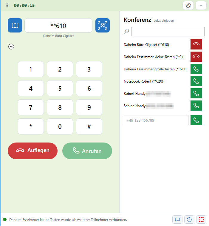 FSSip during a conference call: keypad on the left, participants on the right